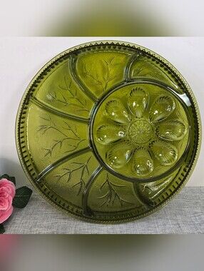 Vintage Indiana Green Glass Deviled Egg Relish Serving Plate Platter / 12.75"